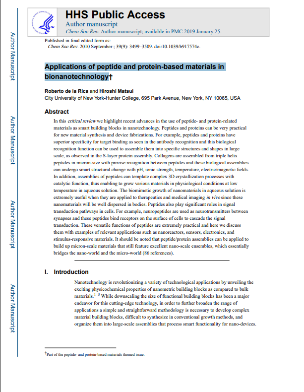 Applications of peptide and protein-based materials in bionanotechnology